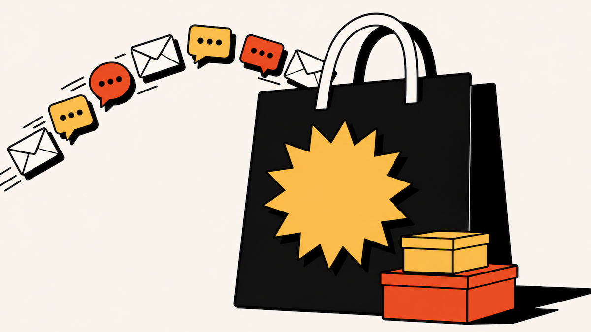Illustration of a shopping bag with an email and SMS stream.
